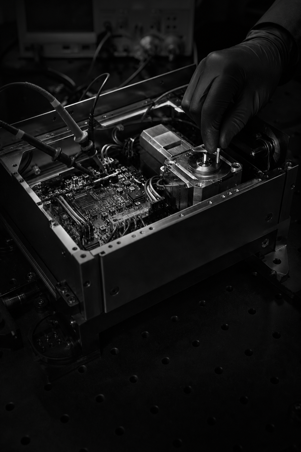 Engineer assembling and testing an electromechanical prototype